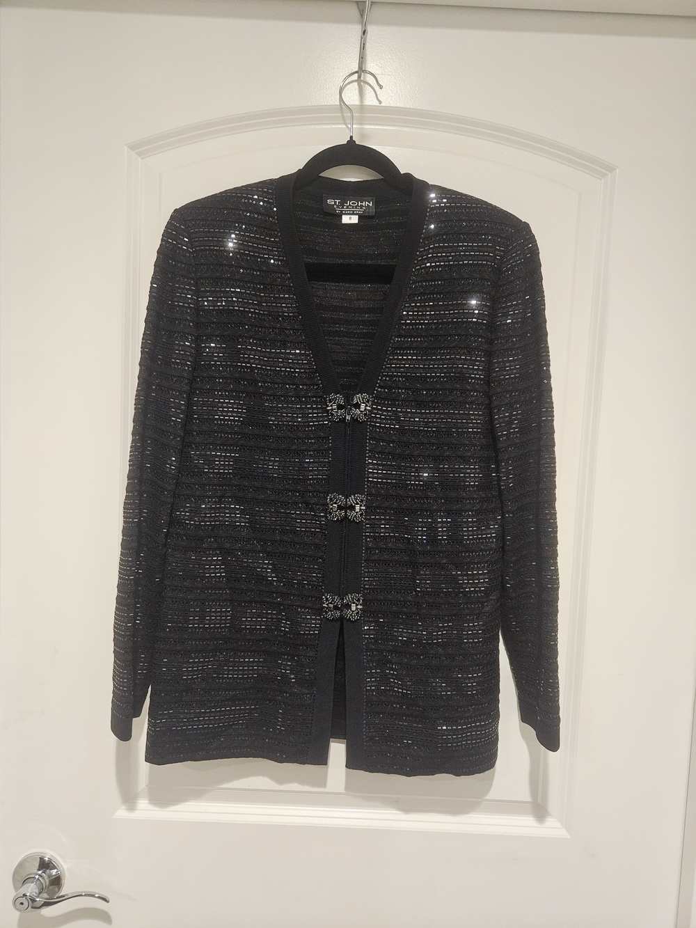 St. John Evening Black Sequin Knit Cardigan with Jeweled Clasps # 960
